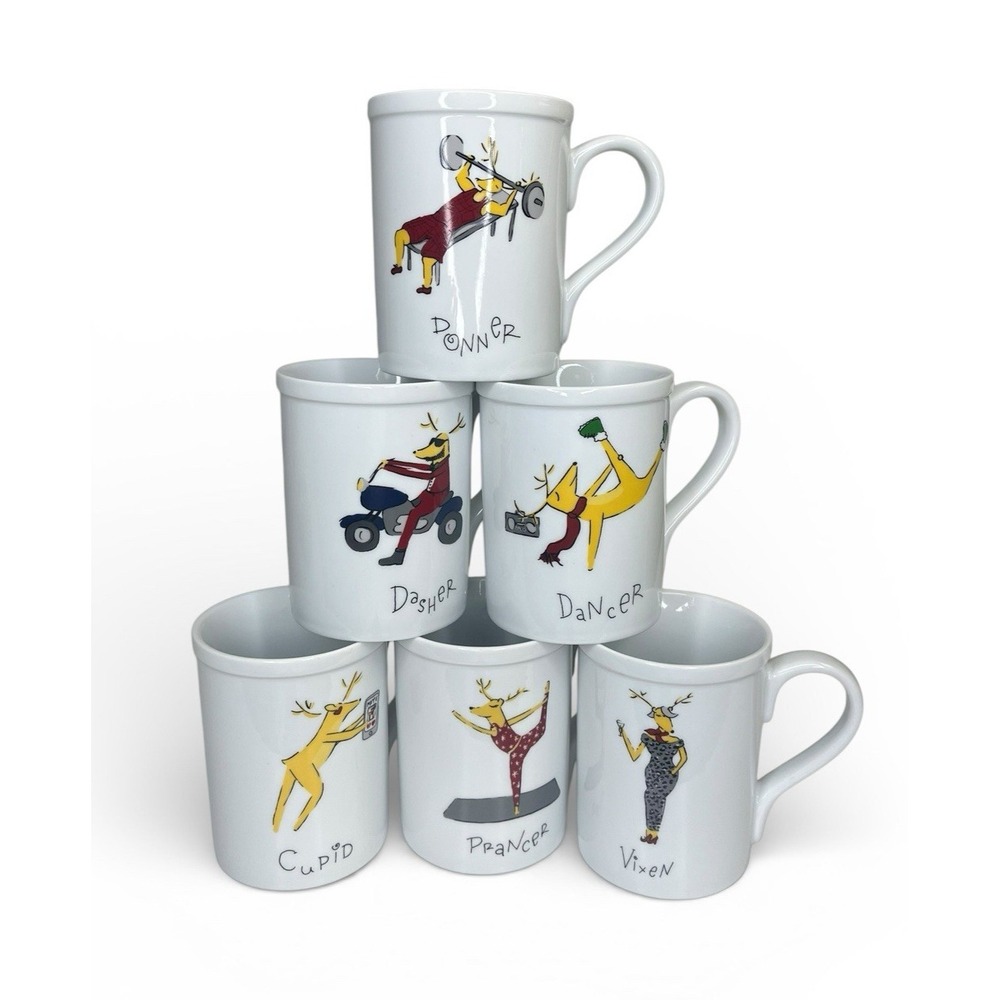 6 Pottery Barn Reindeer Mugs Dasher Dancer Prancer Vixen Cupid Donner Hip‎ Yoga